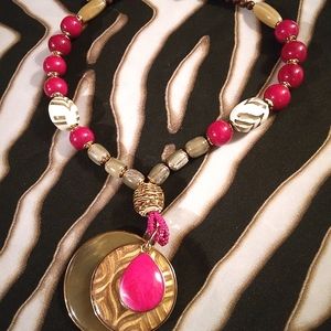 Ikat Pendant Beaded Boho Statement Necklace Pink, Gray & Gold